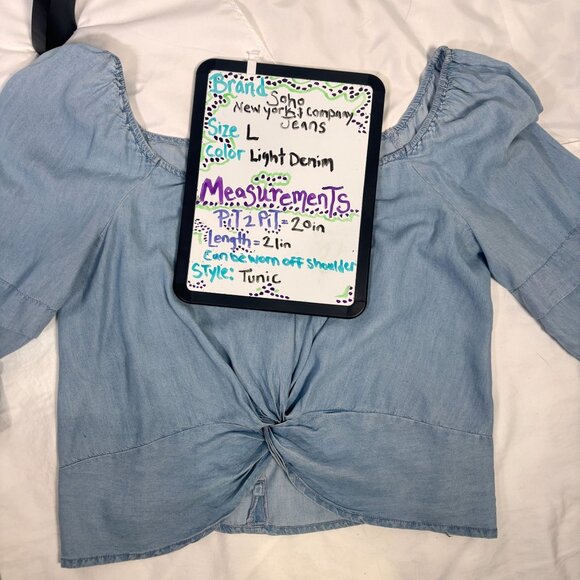 SOHO Peasant Blouse, Sz L Chambray Boho Back Zip Puff Sleeve Cropped, Front Knot - Picture 7 of 10